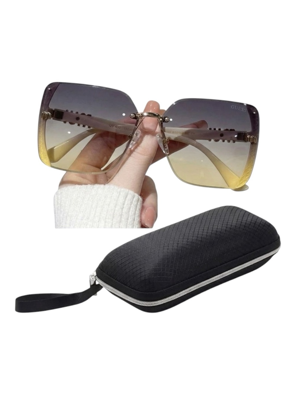 Women Oversized Gradient Sunglasses Rimless Vintage Square Lens & Zipper Case